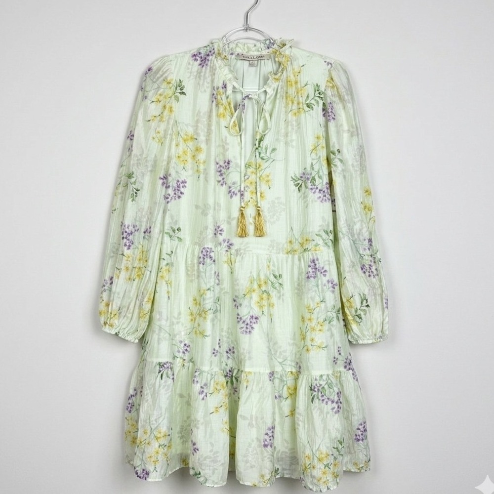 Taylor Women Mint Green Floral Tiered Mini Dress Ruffle Neck Long Sleeve LARGE